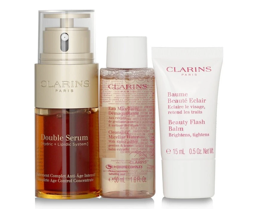 Clarins Youthful Radiance Set: Double Serum 30ml+ Cleansing Micellar Water 50ml+ Beauty Flash Balm 15ml 3pcs