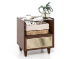 Giantex Bamboo Rattan Nightstand Bedside Table w/Drawer & Wood Legs End Side Table Bedroom Living Room Brown