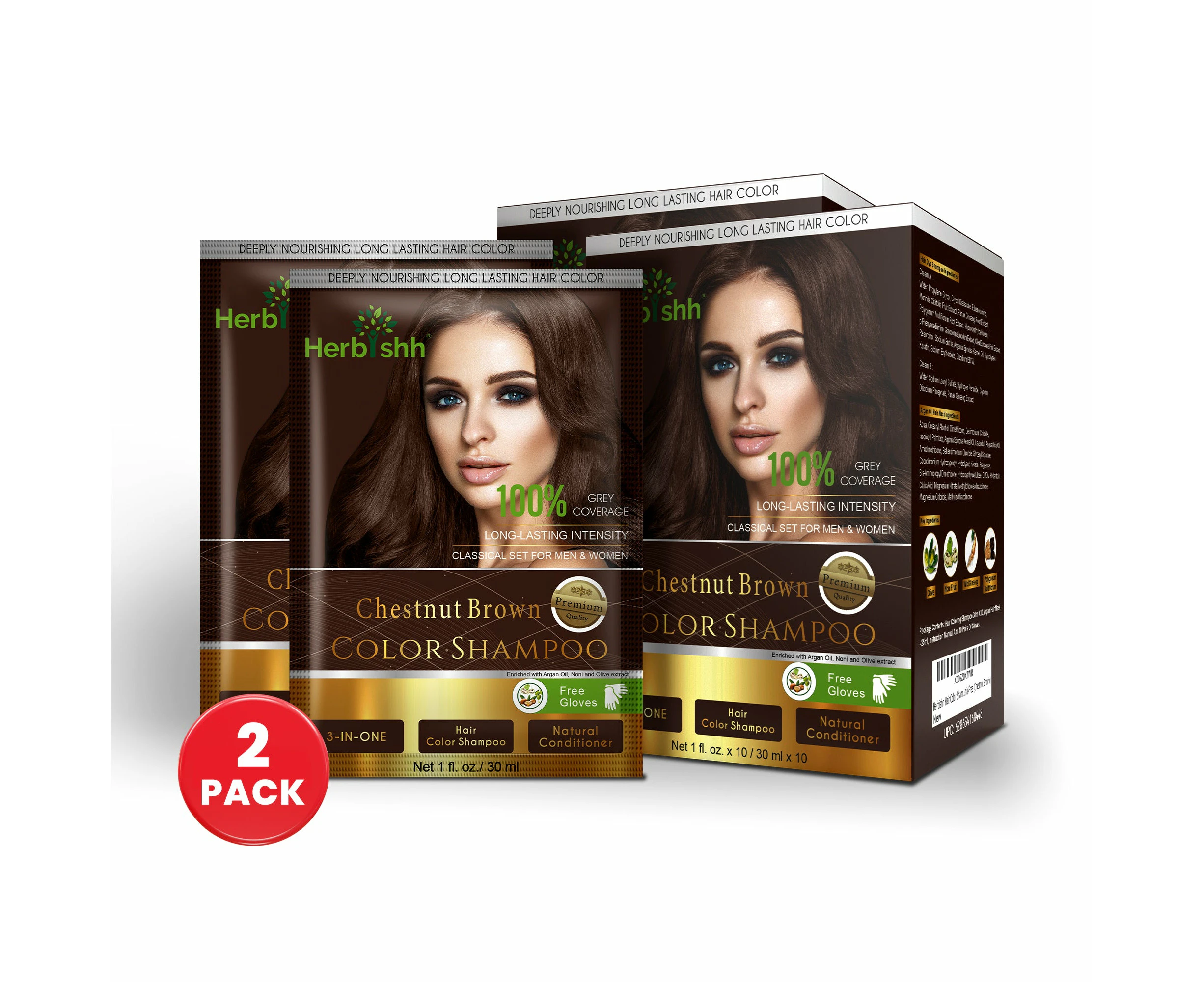 Herbishh Magic Hair Colour Dye Shampoo 2 Sets 30ML - 10pack - Chestnut Brown