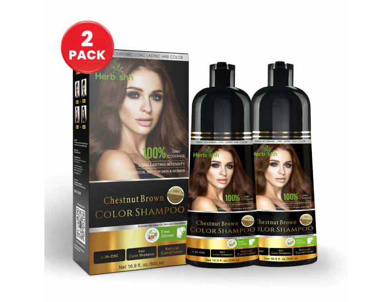 Herbishh Magic Hair Colour Dye Shampoo 2 Sets 500ML 3 In 1 - Chestnut Brown