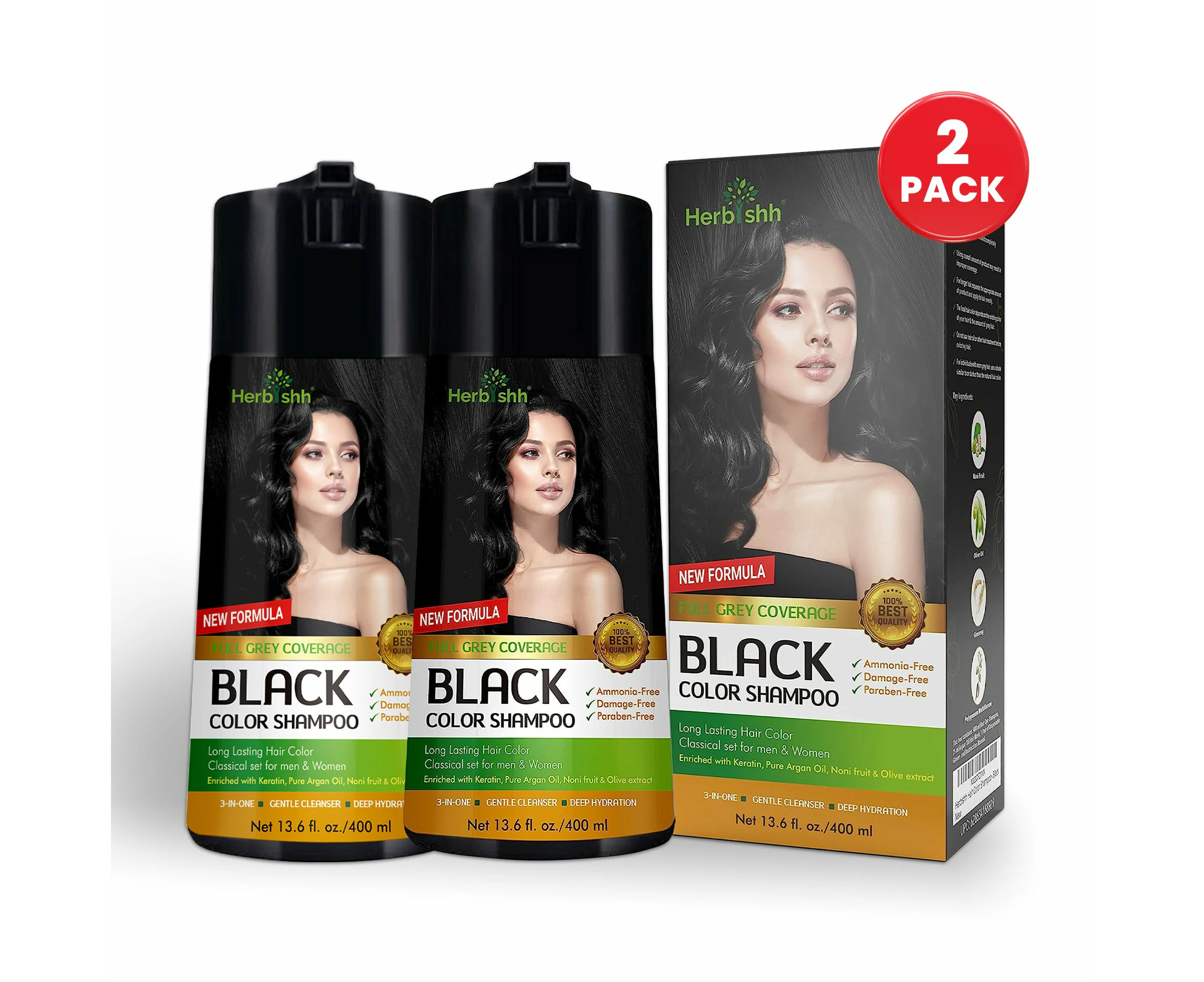 Herbishh Magic Hair Colour Dye Shampoo 2 Sets 400ML PPD Free - Black