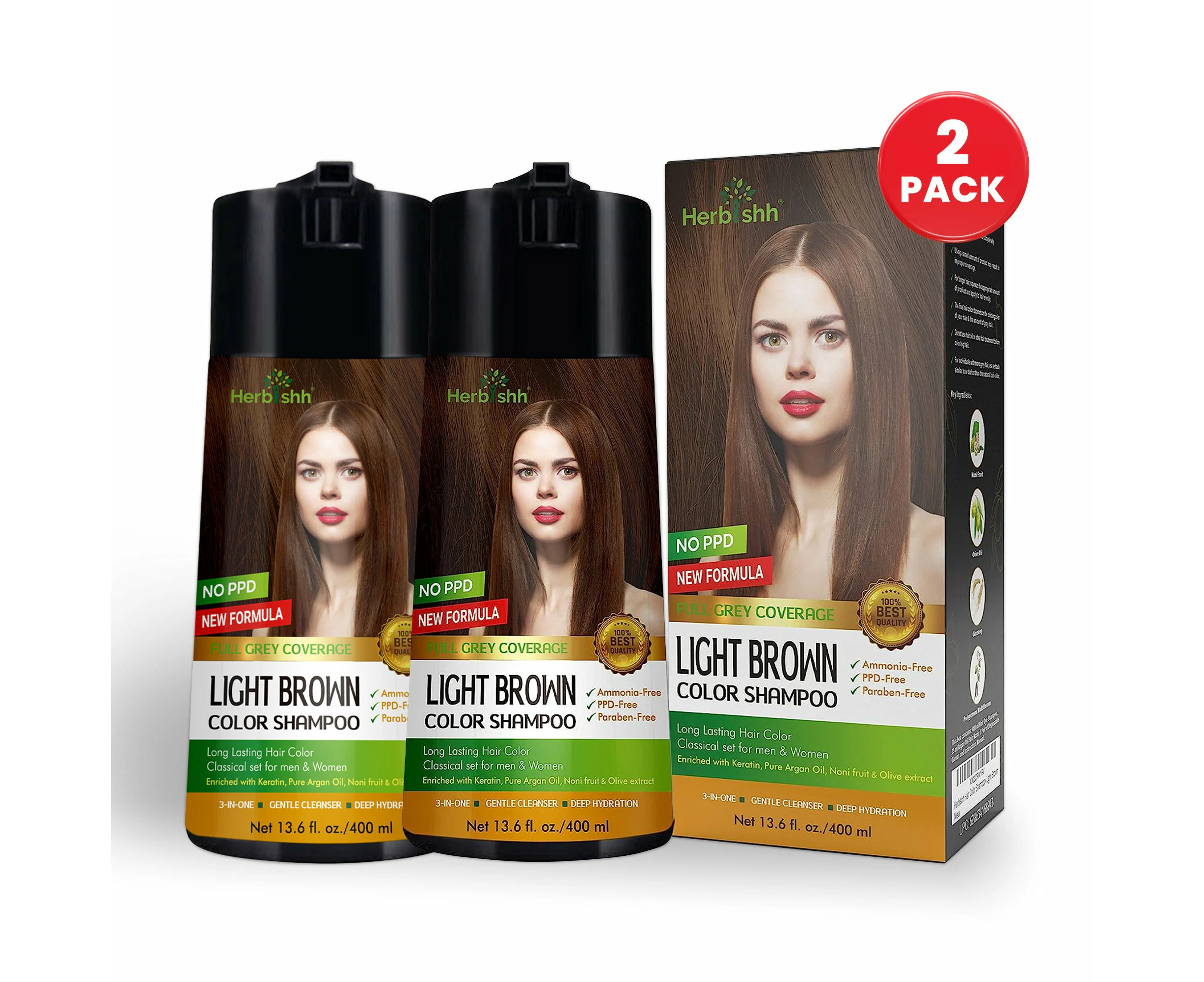 Herbishh Magic Hair Colour Dye Shampoo 2 Sets 400ML PPD Free - Light Brown