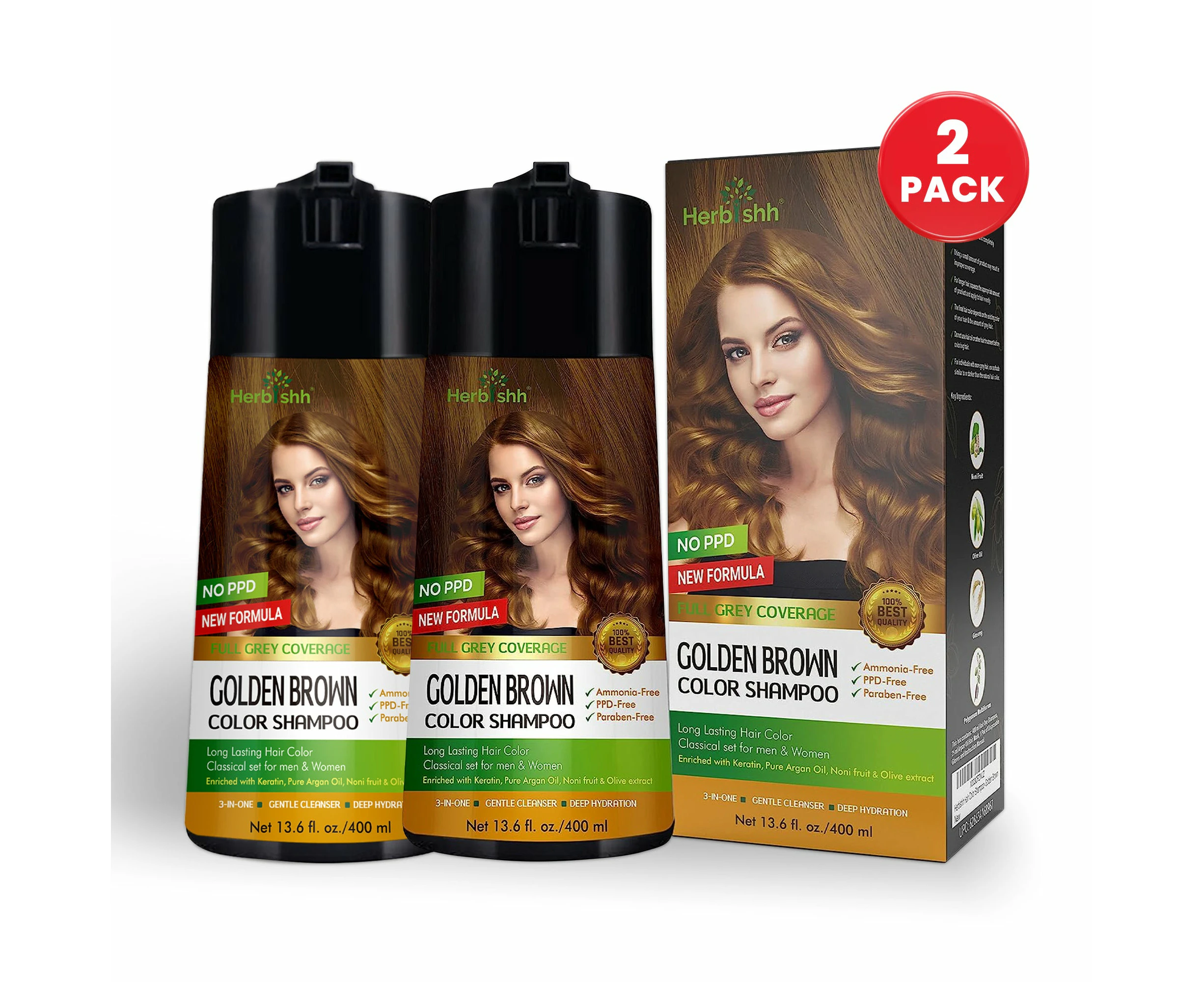 Herbishh Magic Hair Colour Dye Shampoo 2 Sets 400ML PPD Free - Golden Brown