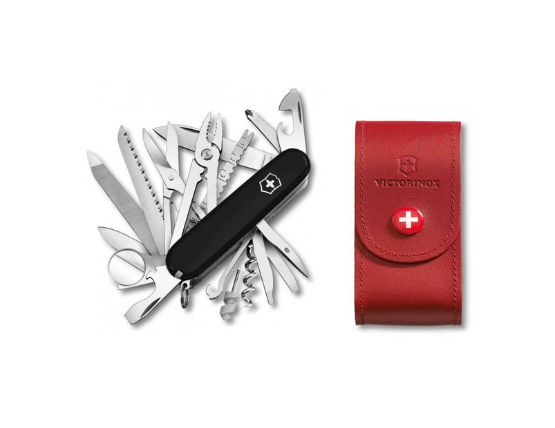 Victorinox SWISS CHAMP Black Swiss army knife bundle with Red leather pouch
