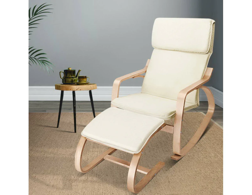 Artiss Rocking Armchair Bentwood Frame With Foot Stool Beige