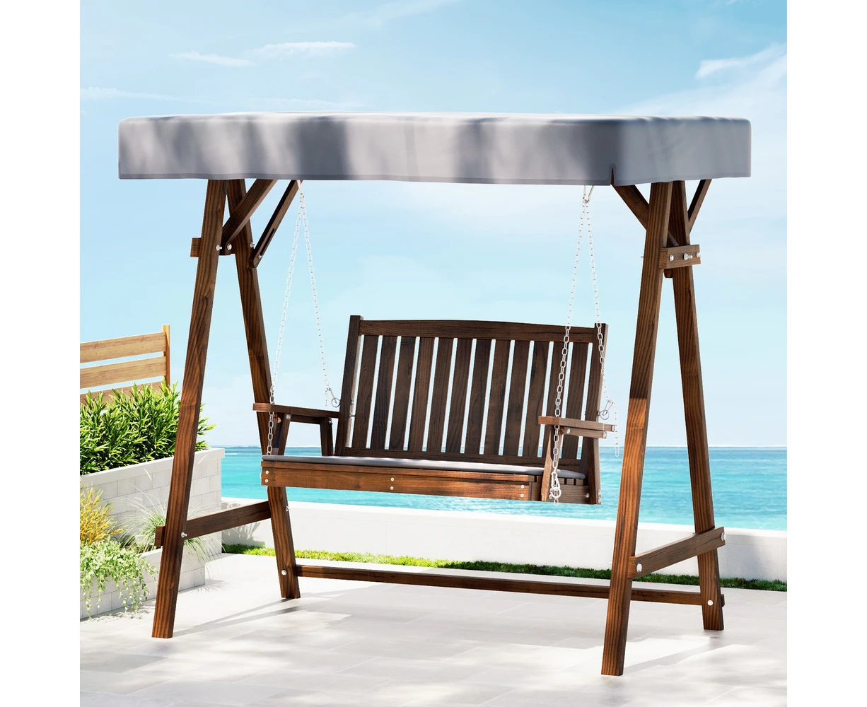 Gardeon Outdoor Wooden Swing Chair Garden Bench Canopy Cushion 2 Seater Charcoal