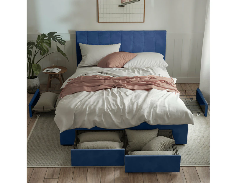 Four Storage Drawers Bed Frame with Vertical Lined Bed Head in King, Queen and Double Size (Navy Blue Velvet)