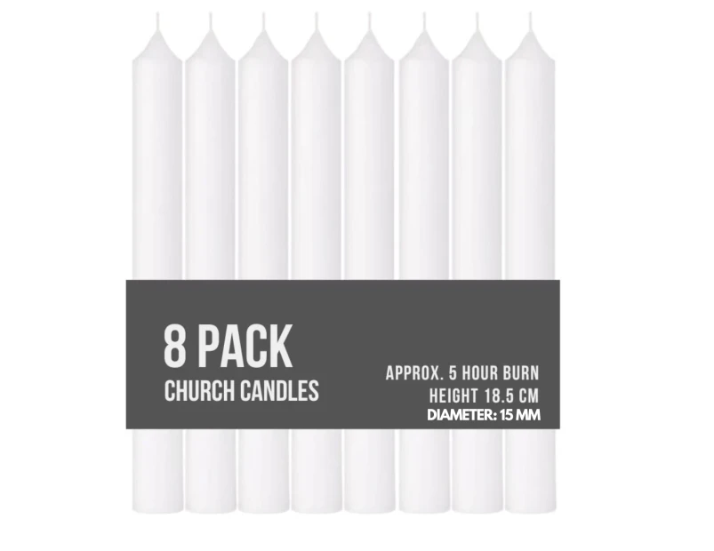 8x Church Candles Dinner Wax Pillar Wedding Table White - Unscented