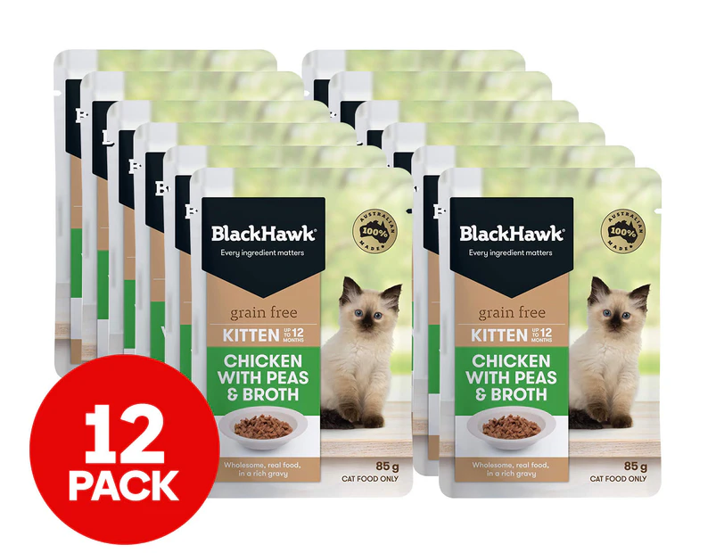 12 x Black Hawk Grain Free Wet Kitten Food Chicken w/ Peas & Broth 85g