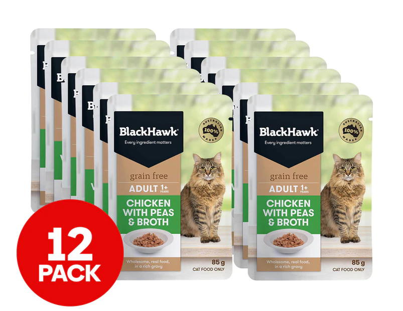 12 x Black Hawk Grain Free Adult Wet Cat Food Chicken w/ Peas & Broth 85g