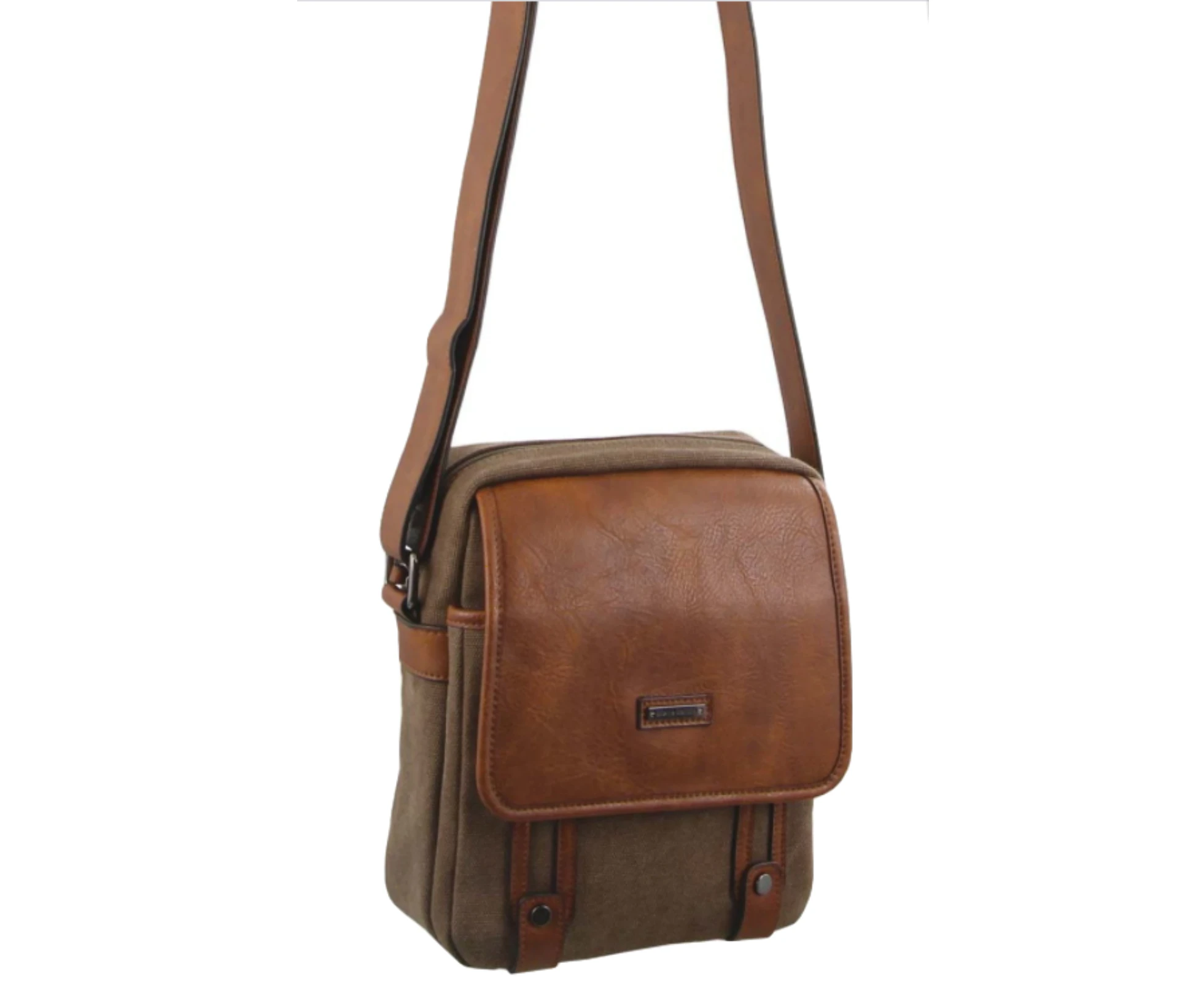 Pierre Cardin Unisex Canvas Cross Body Messenger Bag Satchel Sling - Brown/Cognac