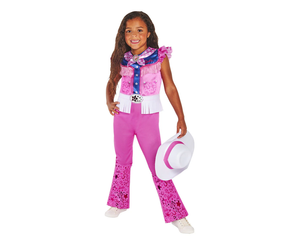 3pc Barbie Cowgirl Deluxe Jumpsuit/Necktie/Hat Costume Set Kids Pink - Pink