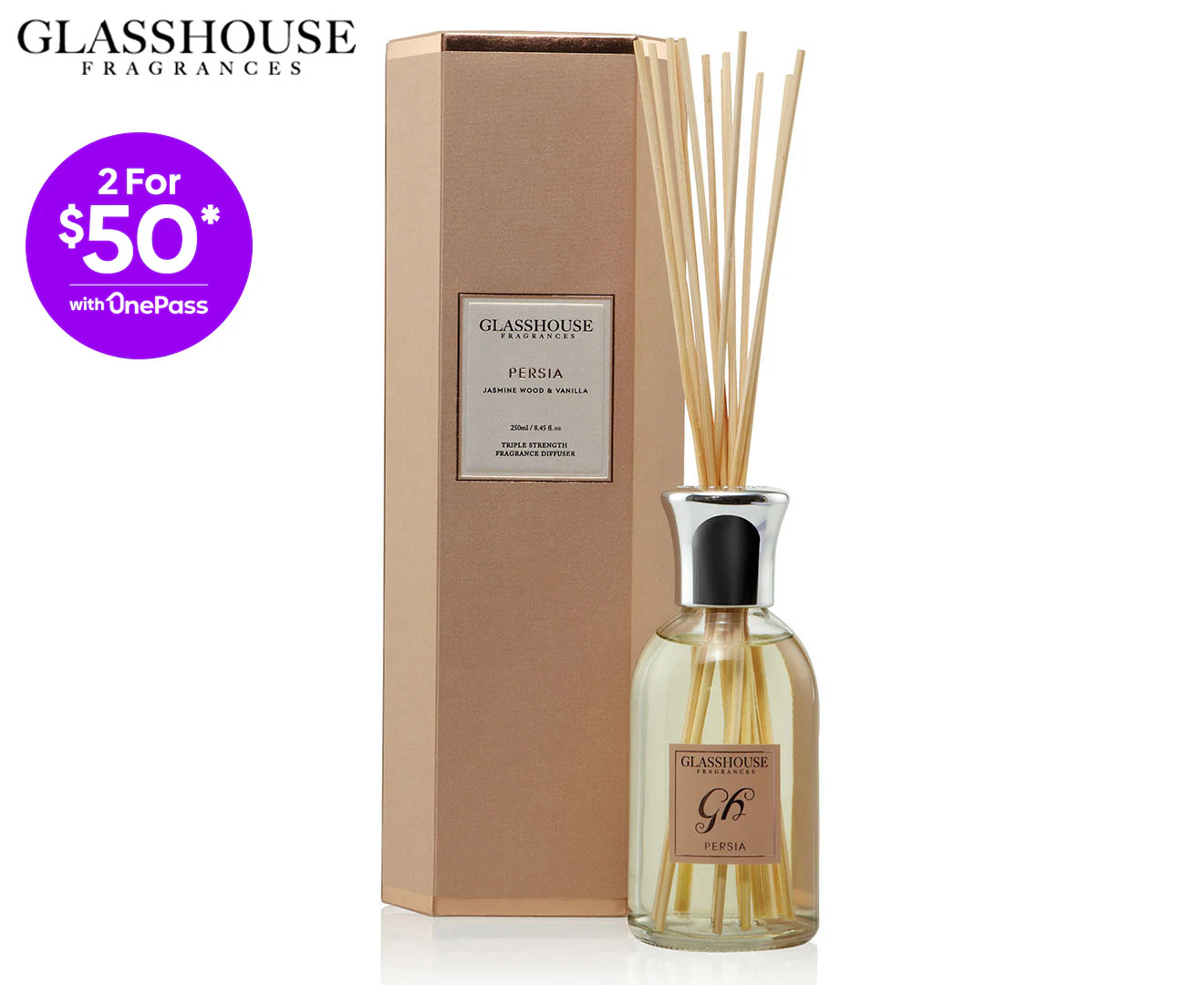 Glasshouse Fragrances Persia Jasmine Wood & Vanilla Triple Strength Reed Diffuser 250mL