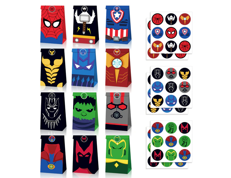 12PC Superheroes Paper Lolly Loot Bag & Stickers Gift Bag Kids Birthday Decorations