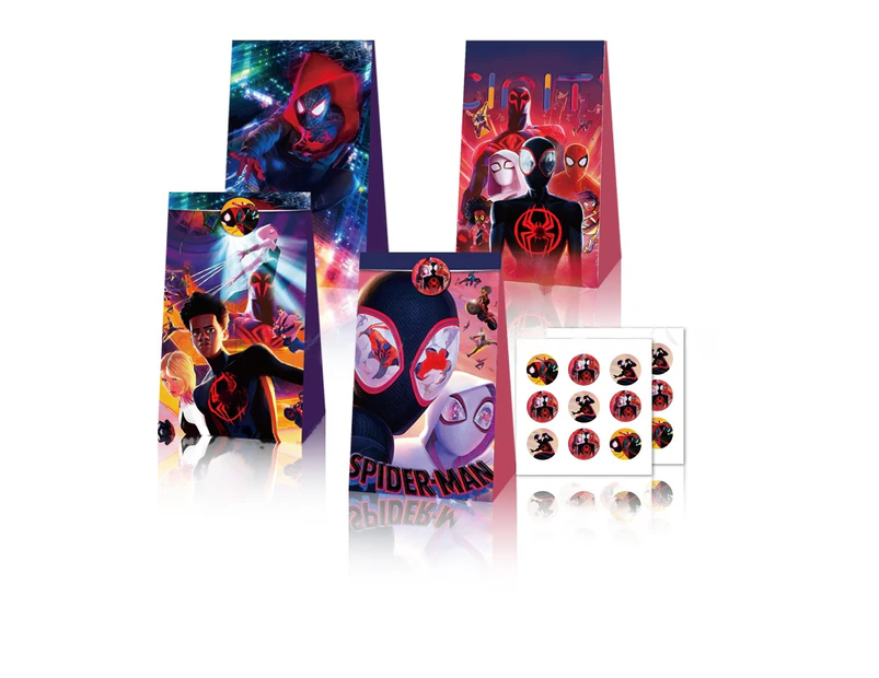 12PC Miles Morales Spiderman Spiderverse Paper Lolly Loot Bag & Stickers Gift Bag Kids Birthday Decorations