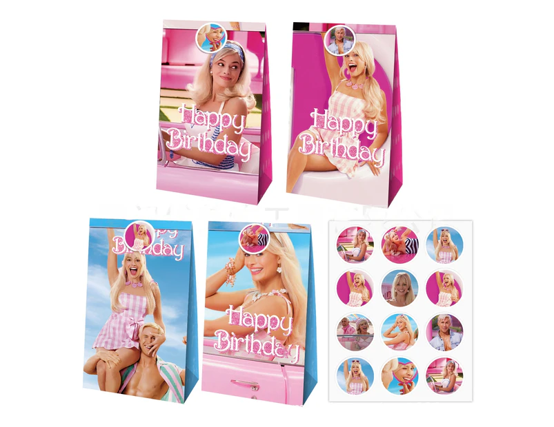 12PC Barbie Margot Robbie Superhero Paper Lolly Loot Bag & Stickers Gift Bag Kids Birthday Decorations