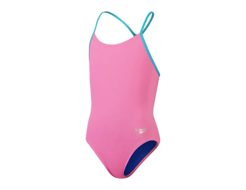 Speedo Girls Solid Lane Line Back Swimsuit - Candy Vibe/Fluo Arctic