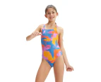 Speedo Girls Printed Medalist Swimsuit - Baja Blue/ Mango/Twilight Mauve/Carrot Cake/Neon Violet
