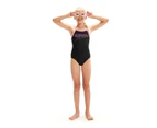 Speedo Girl's Logo Thinstrap Muscleback Swimsuit - Black/ Taffy Pink