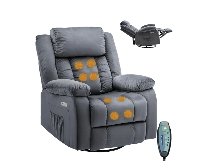 Advwin Recliner Chair 8-Point Heated Massage Chair 360° Swivel Armchair Grey