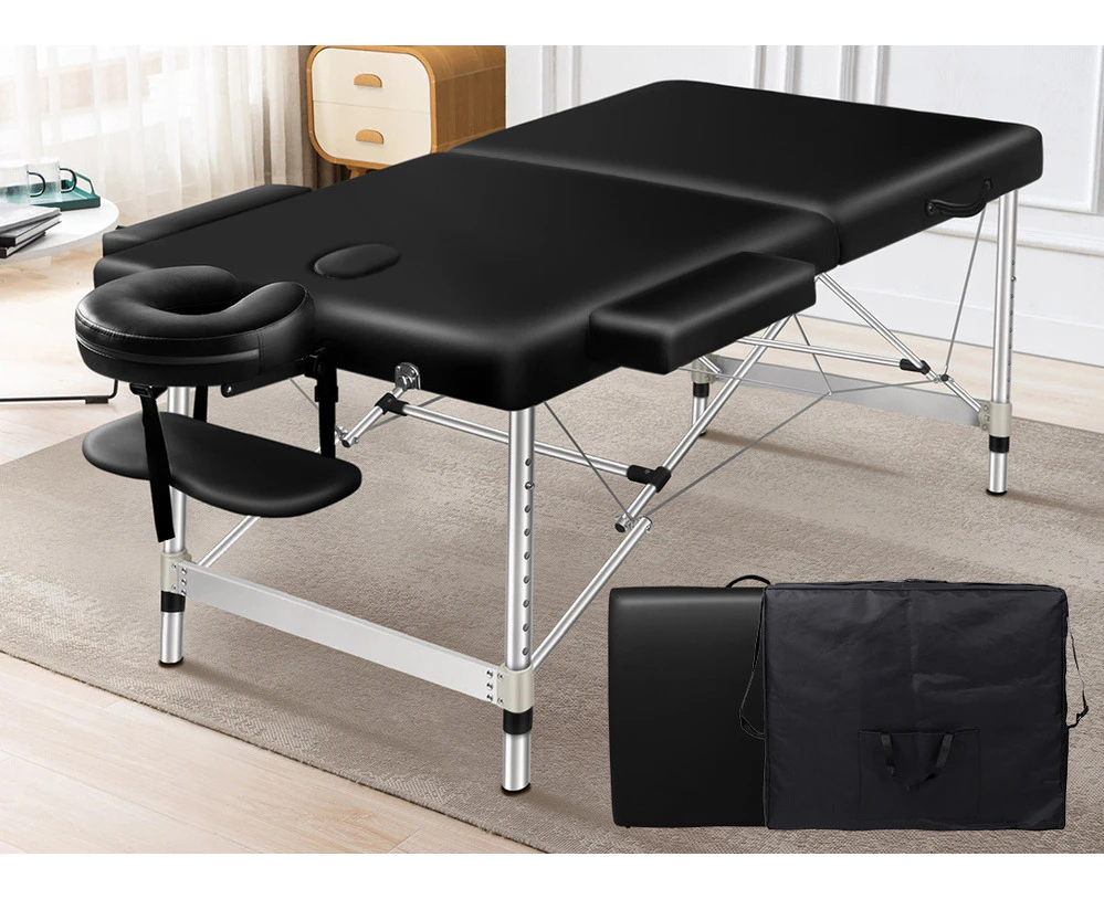 75Cm Massage Table 2 Fold Portable Bed Desk Aluminium Lift Up - Black