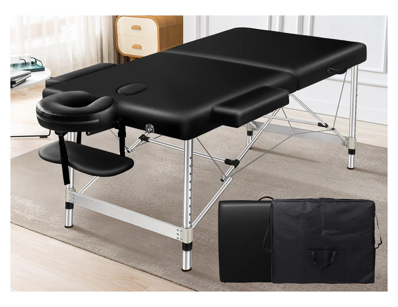 75Cm Massage Table 2 Fold Portable Bed Desk Aluminium Lift Up - Black