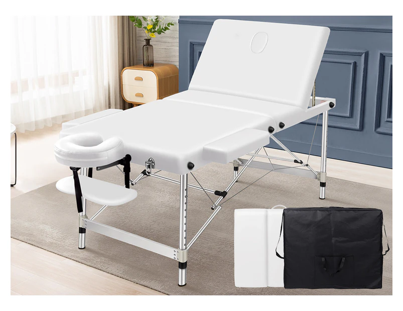 Alfordson Massage Table 3 Fold 75cm Foldable Portable Aluminium Lift Up Bed Desk White