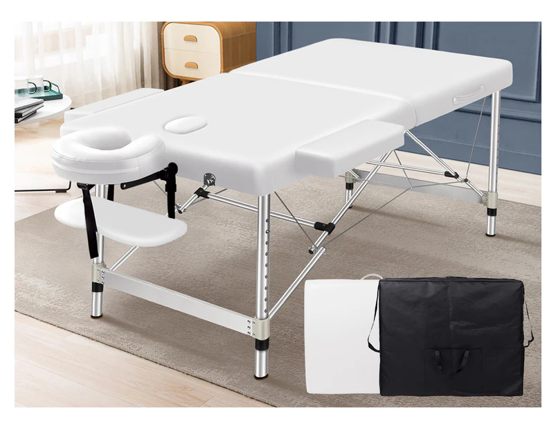 Alfordson Massage Table 2 Fold 75cm Foldable Portable Bed Desk Aluminium Lift Up White