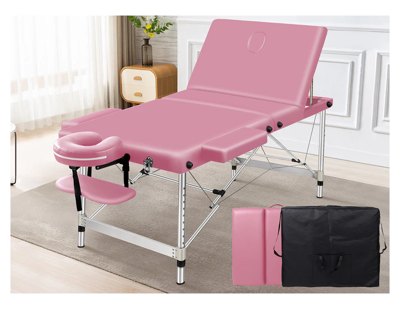 Alfordson Massage Table 3 Fold 75cm Foldable Portable Aluminium Lift Up Bed Desk Pink