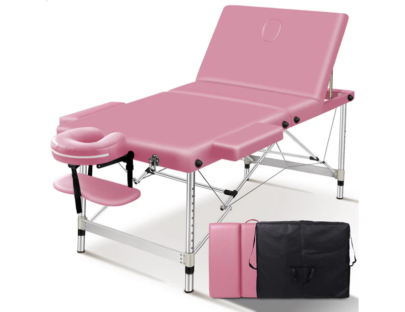 ALFORDSON Massage Table 3 Fold Foldable Portable Aluminium Lift Up Bed Desk 75cm Pink