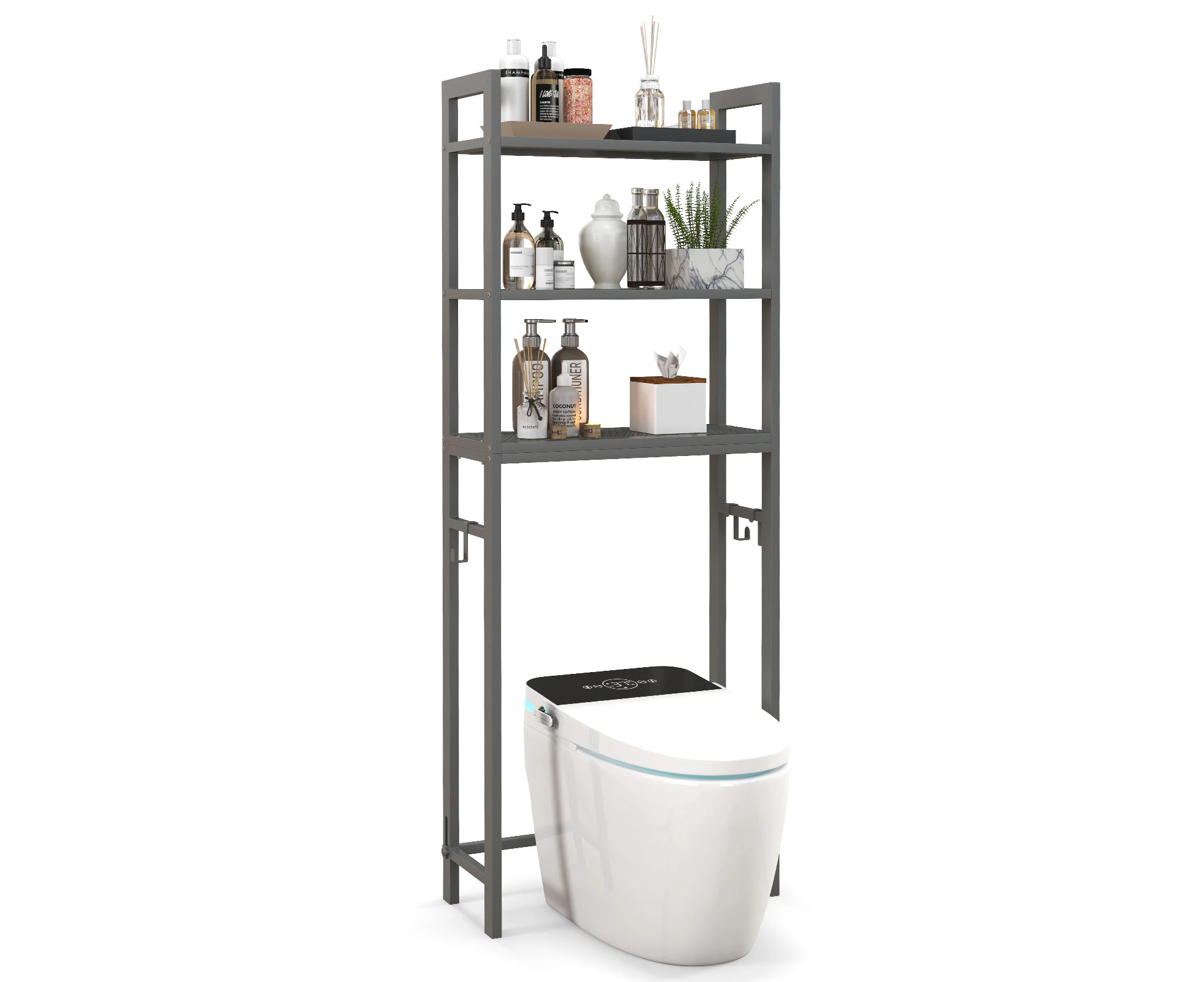 Giantex Metal Bathroom Storage Shelf Over the Toilet Organiser w/3 Tier Stand & 3 Hooks Space Saver Rack Grey