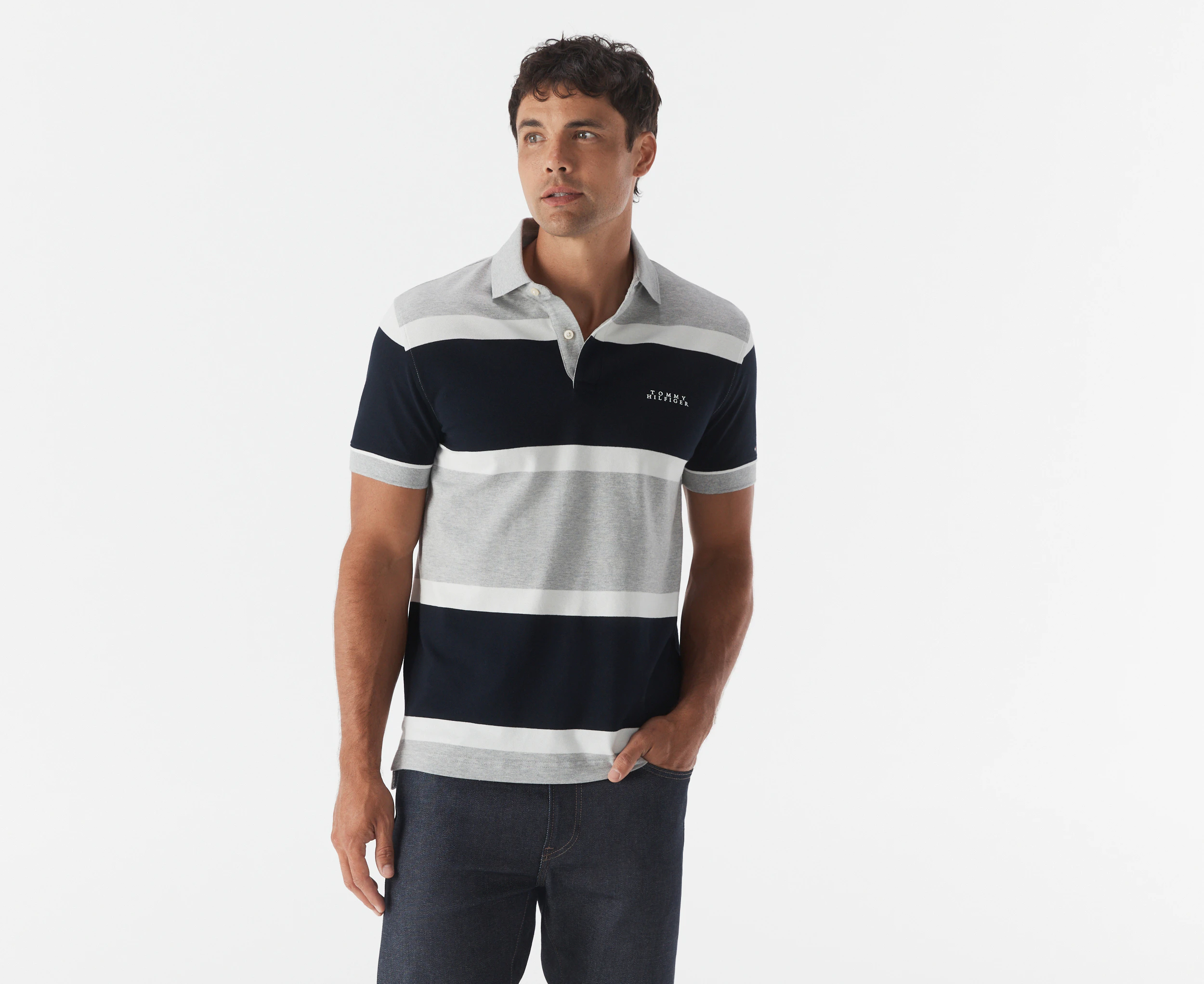 Tommy Hilfiger Men's Rugby Stripe Polo Shirt - Grey Heather