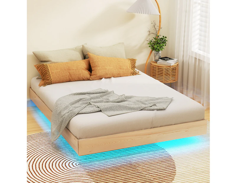 Artiss Bed Frame Double Size Floating LED Wooden Bed Base ODIN