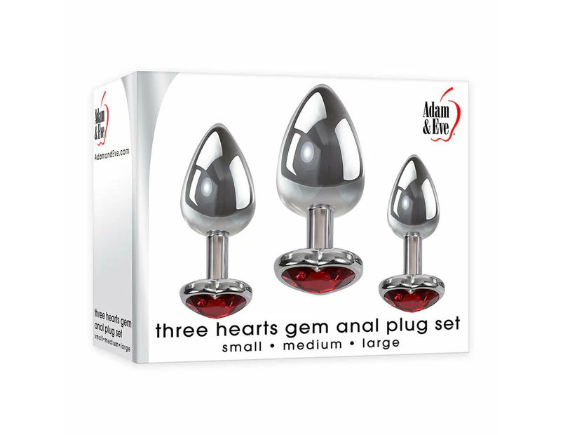 Adam & Eve Three Hearts Gem Anal Plug Set - Metallic Butt Plugs with Gem Bases - Set of 3 Sizes