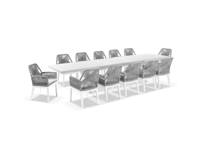 Austin Outdoor 3m - 3.8m Extension Aluminium Table with 12 Hugo Rope Dining Chairs - Outdoor Dining Settings - White