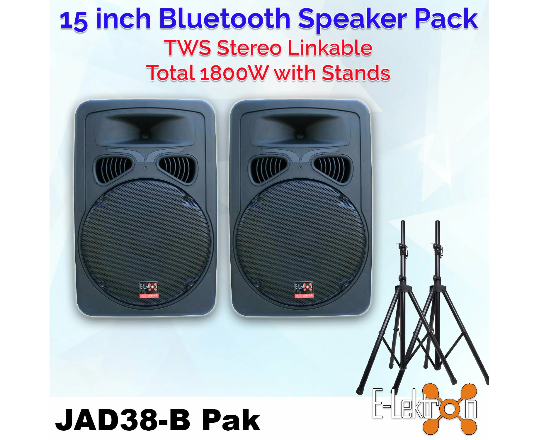 E-Lektron 1800W 2 X JAD38 Digital Sound System USB/SD & Bluetooth Active Loud 15 inch 900W Powered Speakers Set With Stands