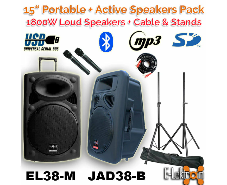 E-lektron 2 X 15" inch 1800W Portable+Active Speakers Sound System Battery PA BT/USB/ Mics with link cable and Stands