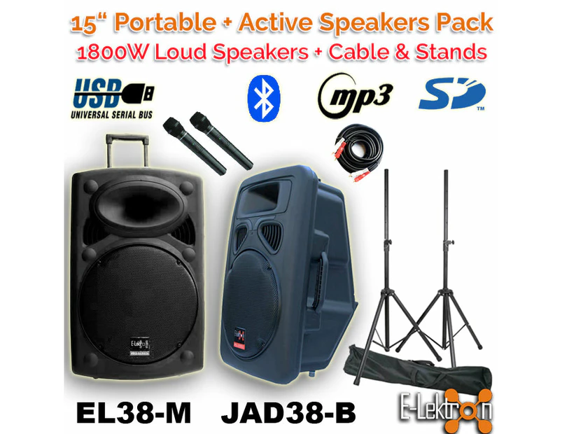 E-lektron 2 X 15" inch 1800W Portable+Active Speakers Sound System Battery PA BT/USB/ Mics with link cable and Stands