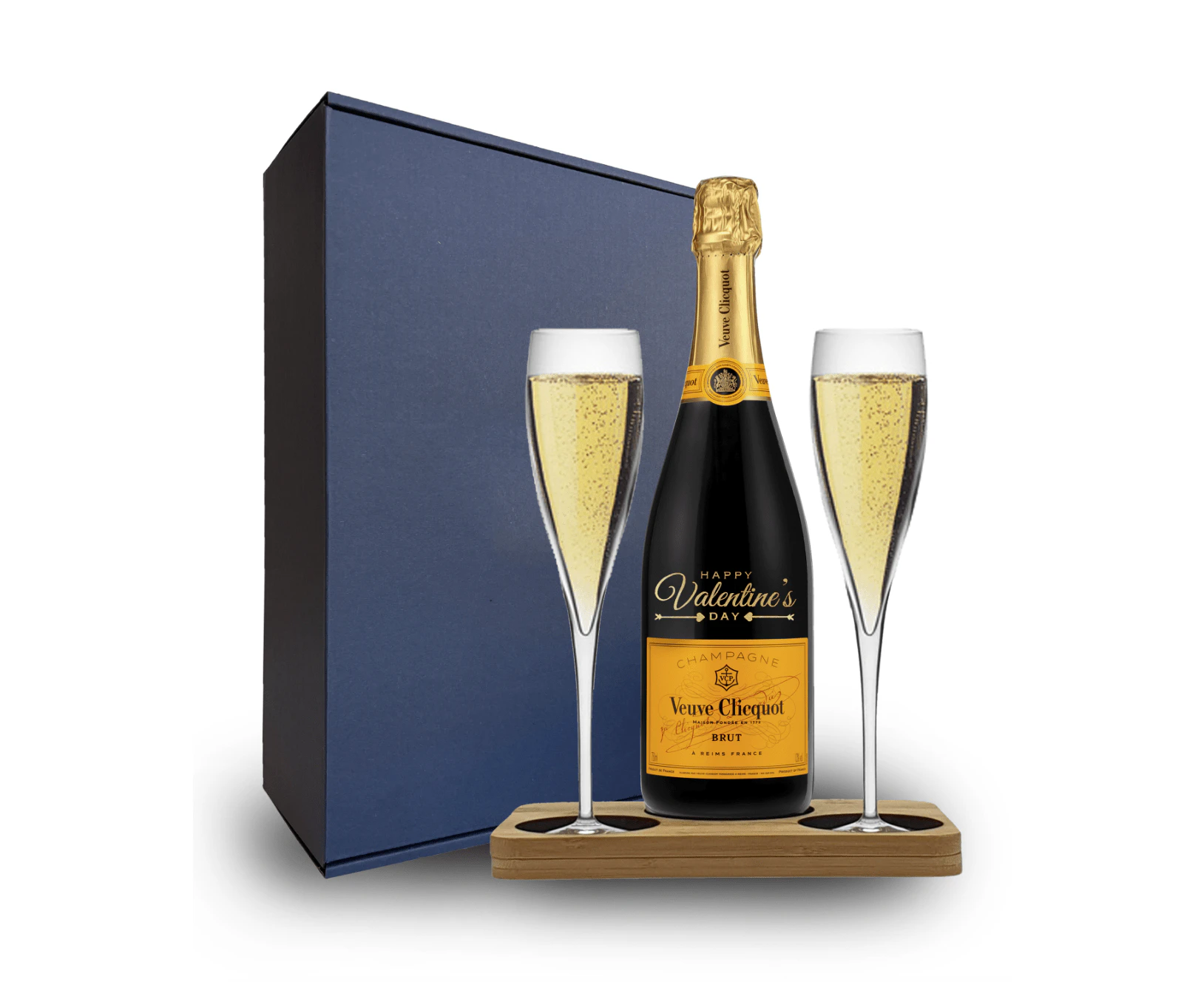 Valentine's Day Veuve Clicquot Gift Hamper - includes 2 Pack Champagne Flutes includes Wooden Presentation Stand