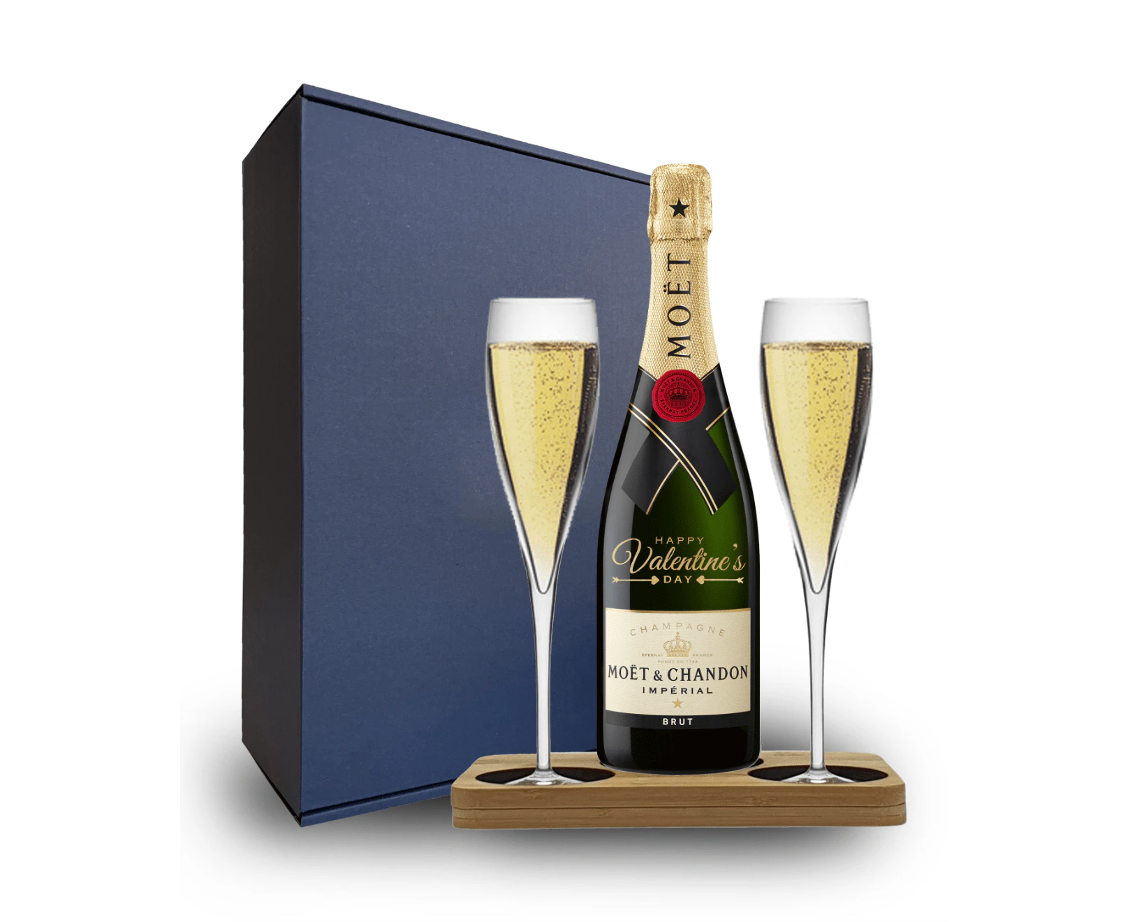 Valentine's Day Edition Moet & Chandon Gift Hamper - includes 2 Pack Champagne Flutes includes Wooden Presentation Stand