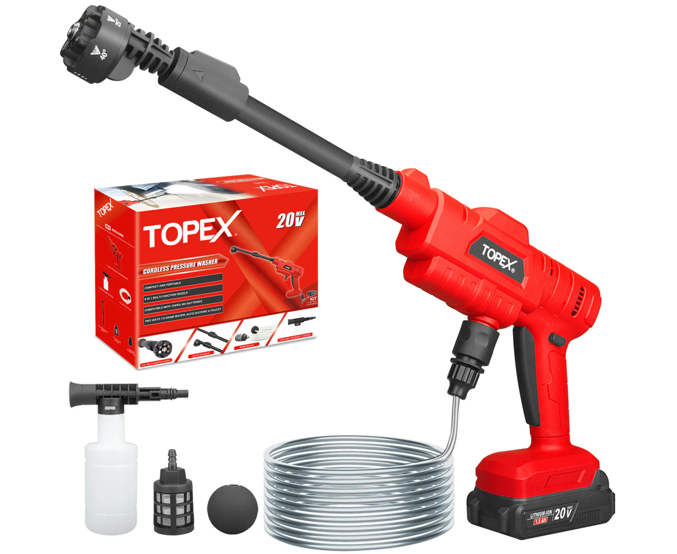 TOPEX 20V Cordless Pressure Washer, 6-in-1 Nozzle, for Washing Car/Wall/Floor,1.5Ah Li-ion Battery & Charger