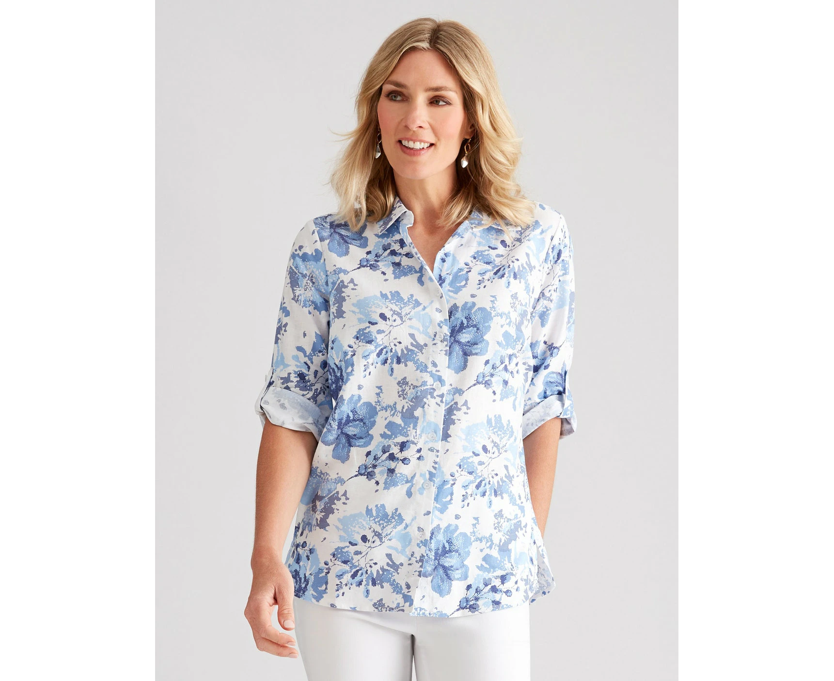 Liz Jordan - NONI B - Womens Tops -  3/4 Sleeve Print Linen Shirt - Blue