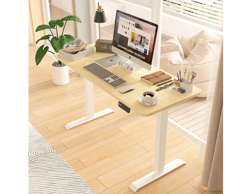 Advwin Standing Desk Electric Ergonomic Adjustable Height Sit Stand up Desk 140cm Oak Splice Board Table Top+White Frame