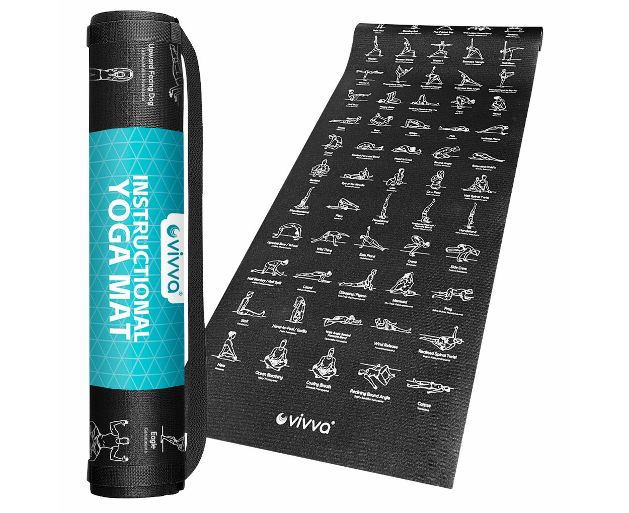 Vivva Instructional Fitness Yoga Mat Non-Slip Exercise Mats with 75 Printed  Yoga Poses for Pilates,Workout,Stretching,Home and Gym - 173x61x0.6cm,  Black