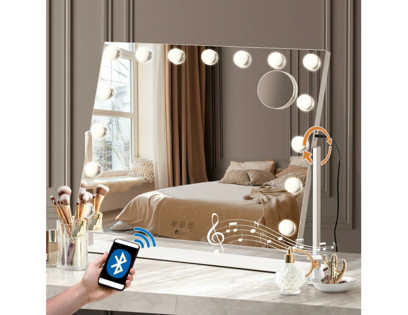 Oikiture 62x50cm Hollywood Makeup Mirrors LED Lights Bluetooth Rotation Vanity Magnifying Mirror Standing Wall Mounted
