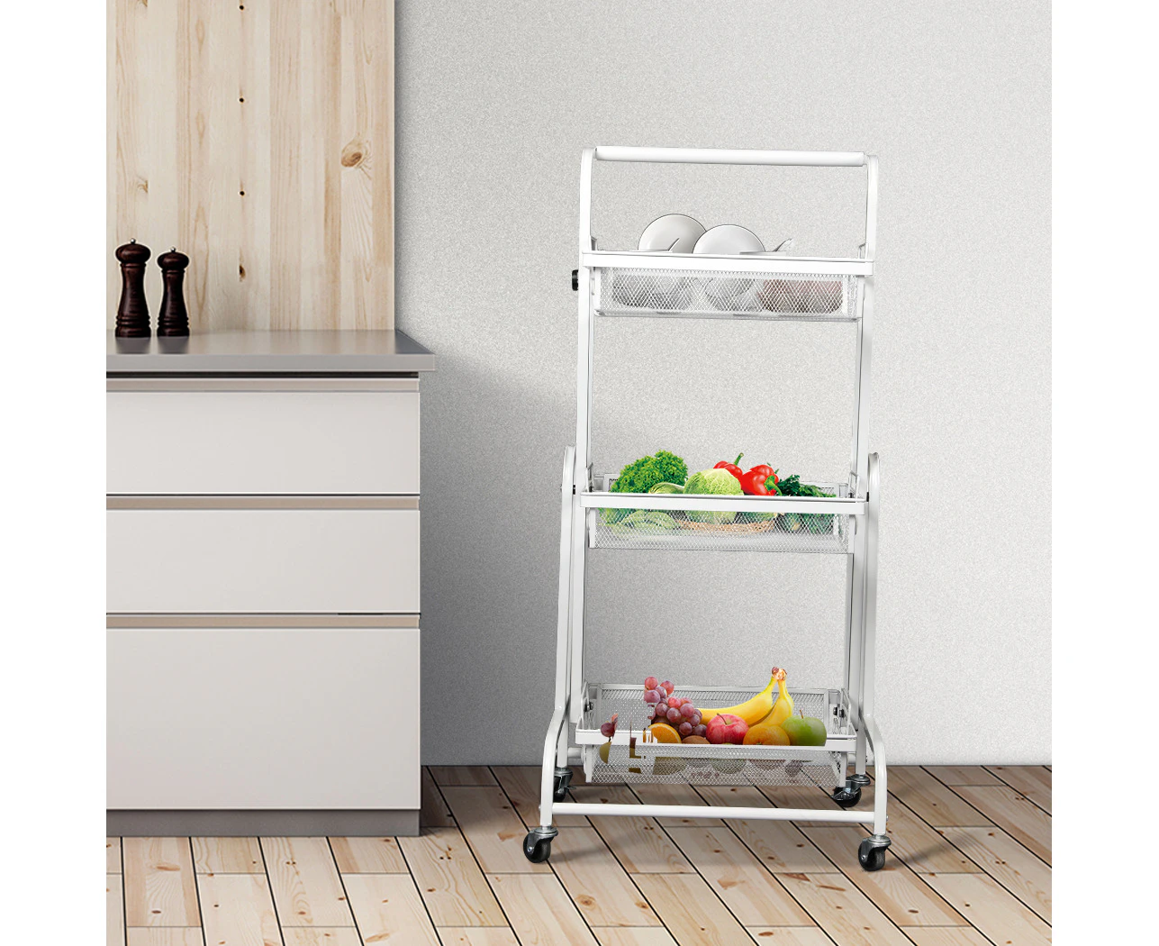 Levede Swivel Kitchen Cart 3 Tier Storage Shelf Rack with Wheels Storage Trolley