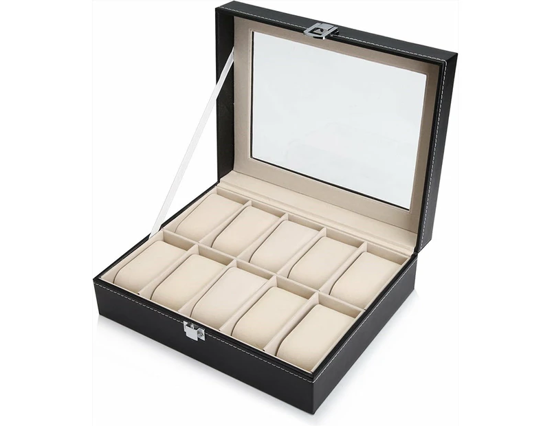 Black Pu Leather Watch Organizer Display Storage Box Cases For Men & Women 10 Slots