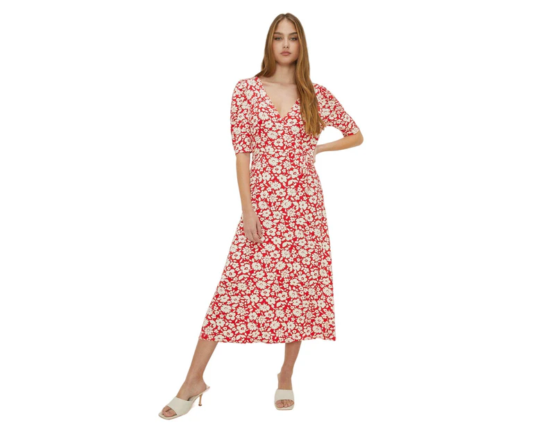 Dorothy Perkins Womens Floral Wrap Ruched Midi Dress (Red) - DP4511
