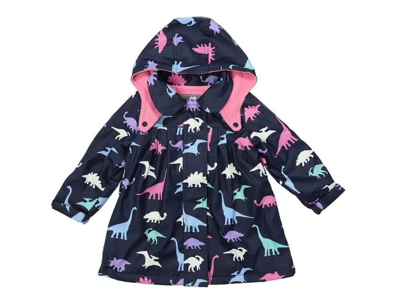 Korango Girls' Dinosaur Colour Change/Fleece Lined Raincoat - Navy