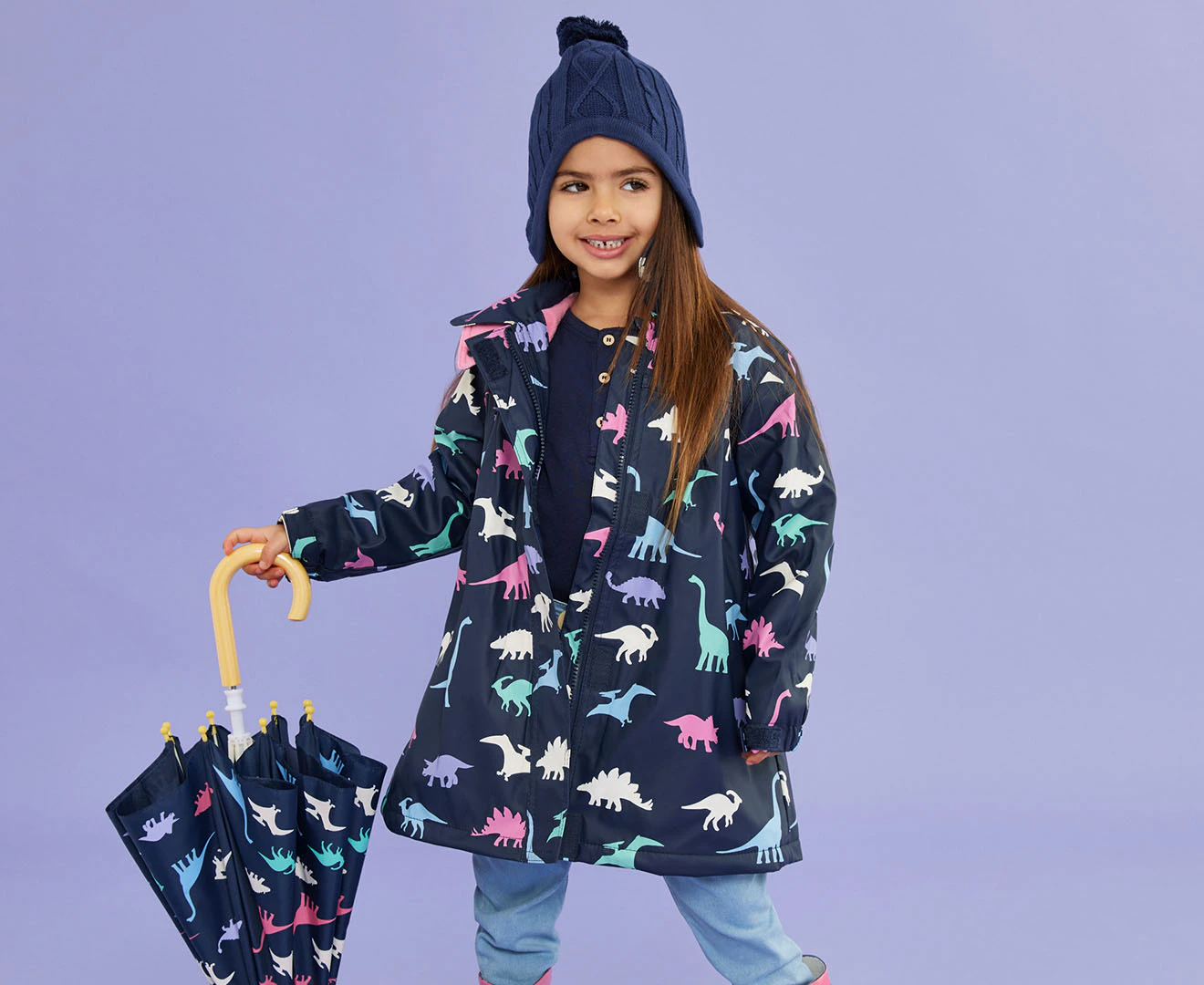 Korango Girls' Dinosaur Colour Change/Fleece Lined Raincoat - Navy